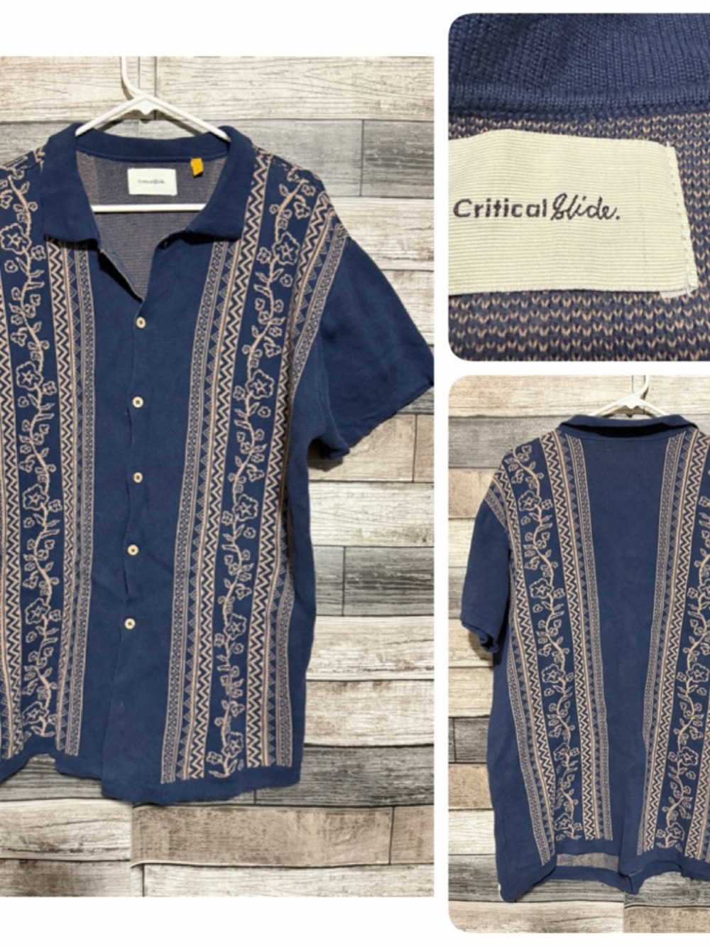 Critical Slide Floral Short Sleeve Sweater Button Up Men’s L Blue Cotton (READ)